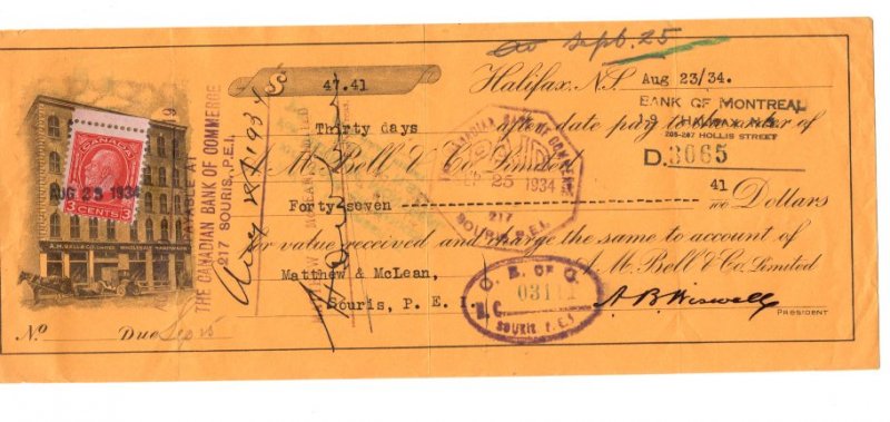 1934 Canadian Bank of Commerce, Cheque with Postage Stamp, Souris P.E.I.