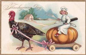 Thanksgiving Turkey Pulling Young Chef Riding On Large Pumpkin Cart 1908 Tucks