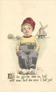 Postcard C-1910 Hand Colored Wall Dutch boy love saying 23-351