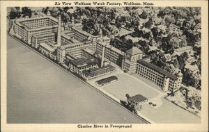 Waltham Massachusetts MA Factory Birdseye View Linen 1930s-50s Linen Postcard