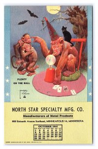 Oct 1944 Monkey Calendar Postcard North Star Specialty Mfg. Co. Minneapolis MN