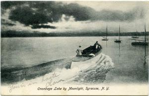 (2 cards) Motorboating on Onondaga Lake Syracuse NY pm 1906 same photo day night