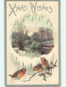 Pre-Linen christmas CUTE BIRDS ON HOLLY BRANCH WITH WINTER RIVER SCENE hr2839