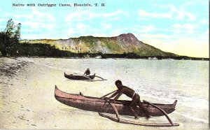 Vintage Hawaii Native with Outrigger Canoe Honolulu T.H. Postcard