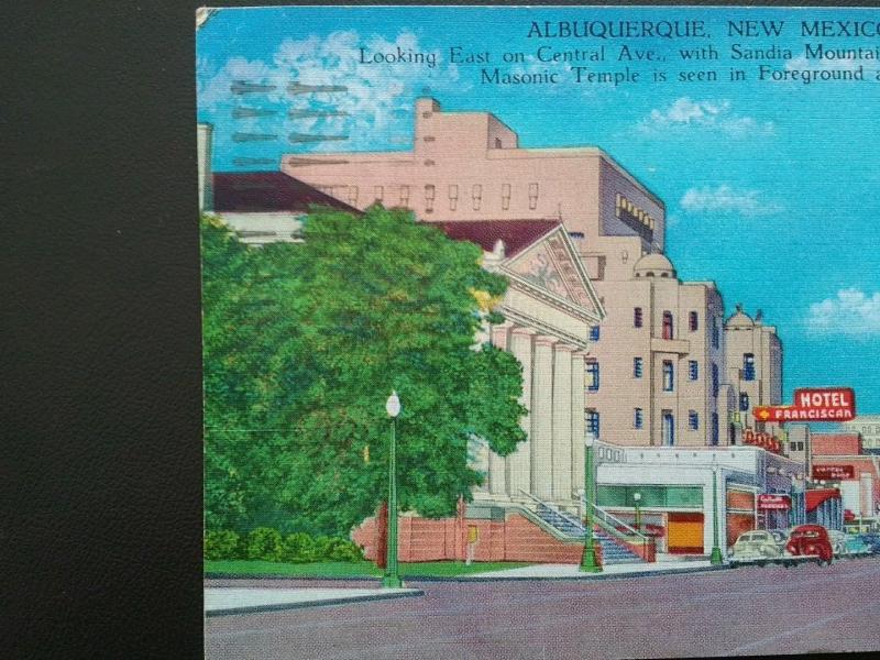 1951 Albuquerque Postmark, Linen Postcard--- Central Ave., Masonic Temple