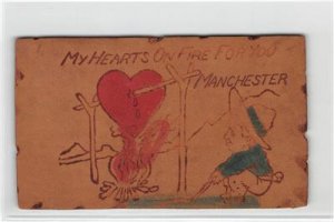 My Hearts On Fire Manchester, Iowa Cowboy Comic 1906 Vintage Leather Postcard