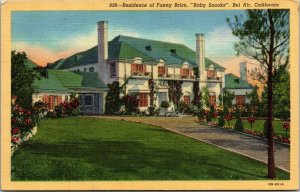 Vtg 1940's Residence Home of Fanny Brice Baby Snooks Actress Bel Air CA Postcard