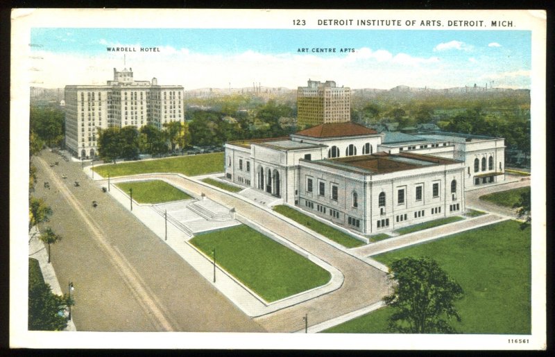 Detroit Institute of Arts, Detroit, MI. Wardell Hotel. 1929 Curt Teich postcard