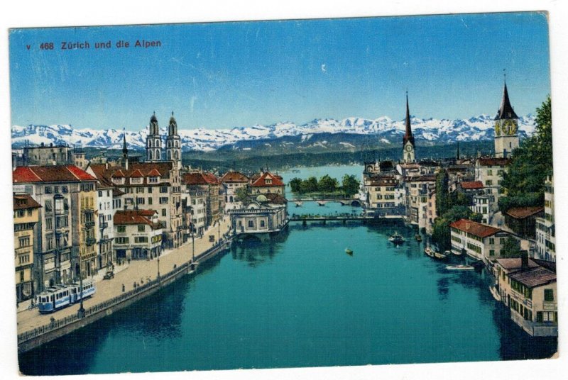 Postcard Switzerland 1946 Zurich and Alps Mountains Tramway Bridge Sent Czechosl