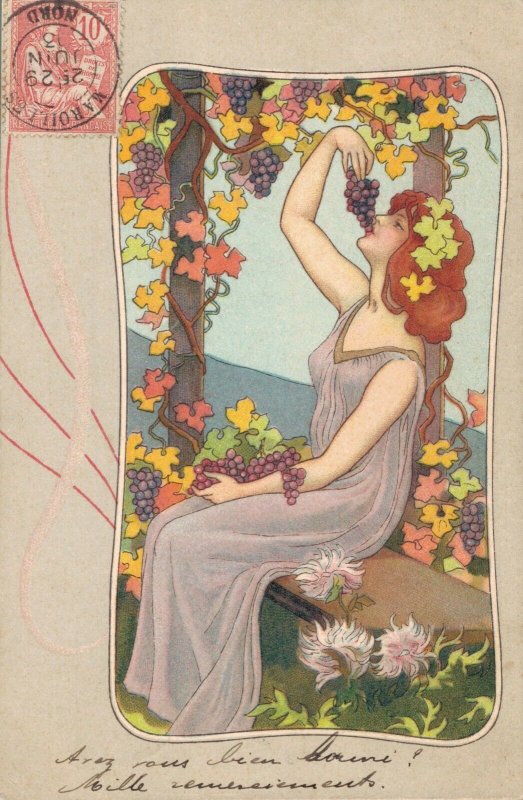 Art Nouveau Lady Eating Grapes Jugendstil 04.36