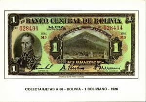 bolivia, Un 1 Boliviano 1928, BANKNOTES Modern Money Postcard