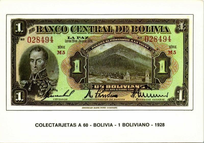 bolivia, Un 1 Boliviano 1928, BANKNOTES Modern Money Postcard