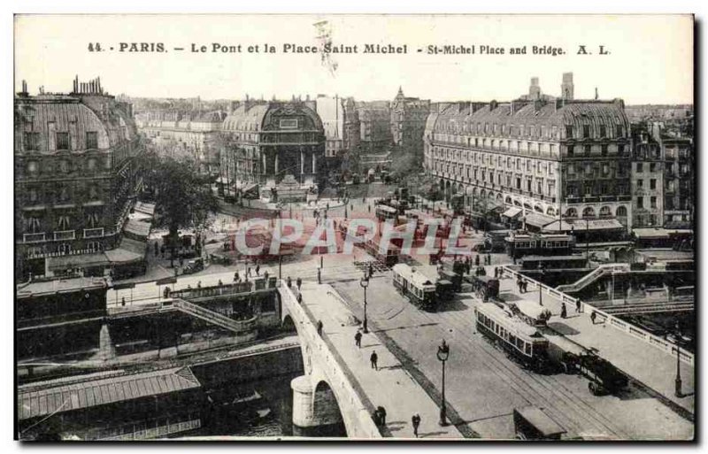 Paris Old Postcard The bridge and the Place Saint Michel