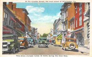 Loudon Street Main St Cars Winchester Virginia 1920s postcard