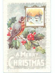 Pre-Linen christmas BEAUTIFUL BIRD ON HOLLY BRANCH & WINTER SUNSET SCENE hr2828