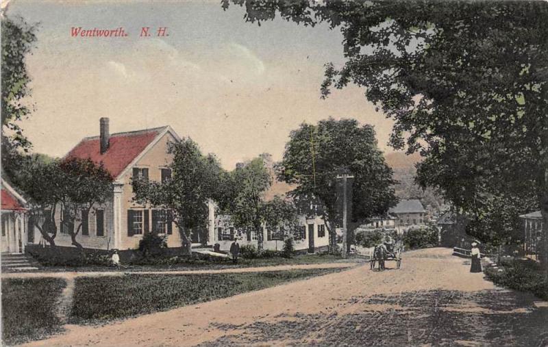25310 NH, Wentworth, street with horse and buggy passnig by houses