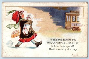 Christmas Postcard Girl With Gifts Train Embossed Beloit Wisconsin WI 1917