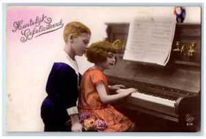 c1910's Children Playing Piano Flowers Posted Antique RPPC Photo Postcard