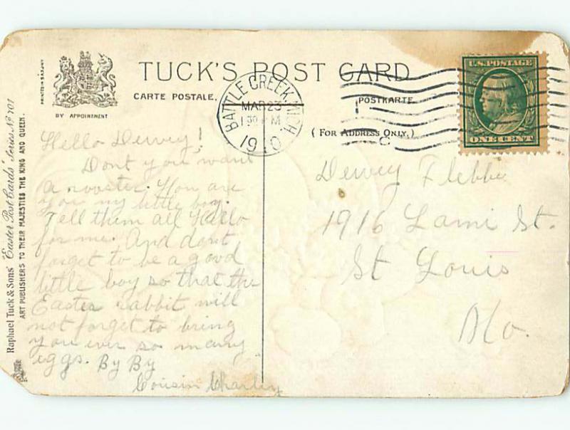 Divided-Back easter tuck COLORFUL ROOSTER WITH CHICKS & FLOWERS r3473