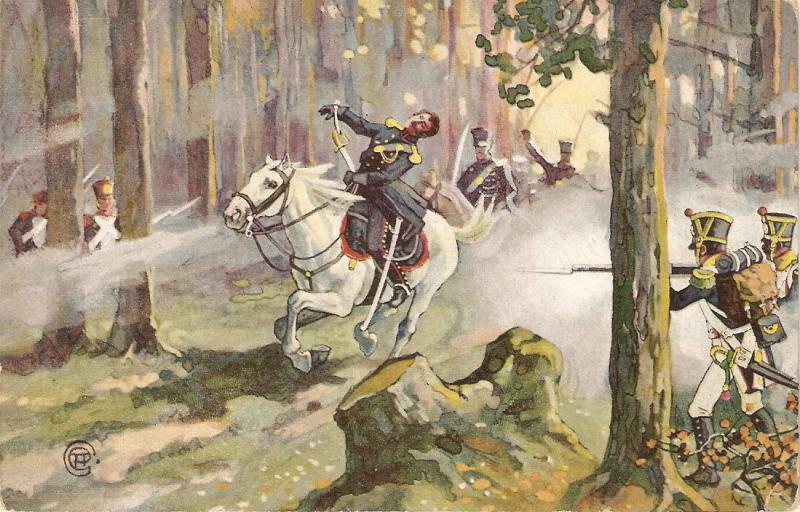 Horse with wounded soldier in battle Antique German postcard