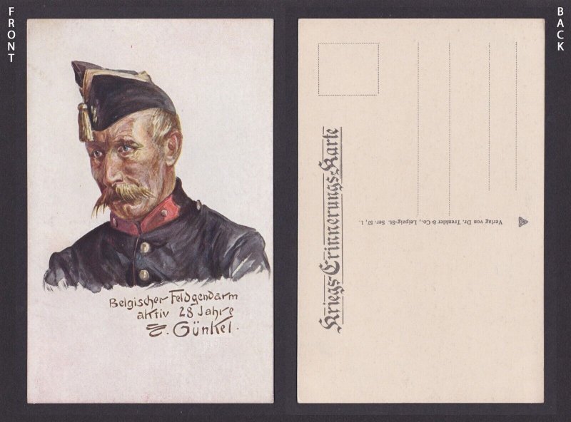 Postcard, WWI, Postcard Soldiers Günkel, Belgian field gendarme, Unused