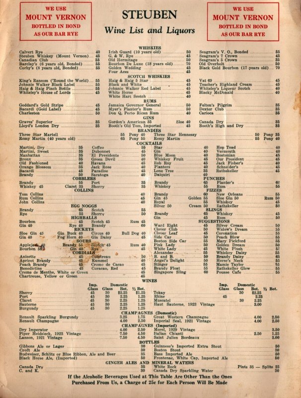 1937  Steuban Restaurant Menu  Boston  Massachusetts 17 x 12