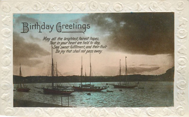 Post card Birthday wish greetings lake night view sailing boats