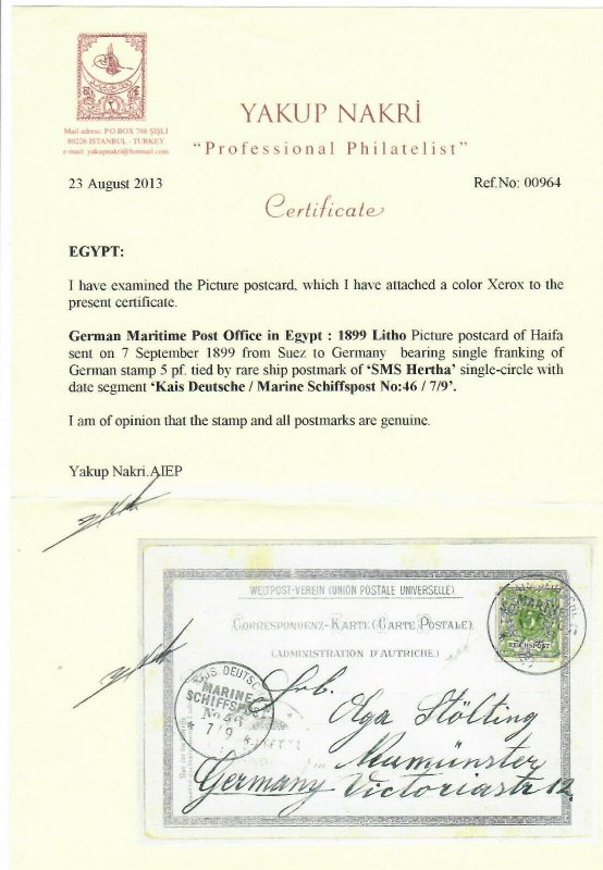 Karmeliter Kloster & Deutsch Kolonie Haifa Palestine Maritime mail Suez 1899 SMS