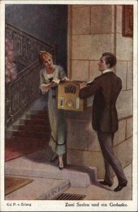 Erlang Man and Woman Mail Letters Old German Mailbox c1910 Vintage Postcard