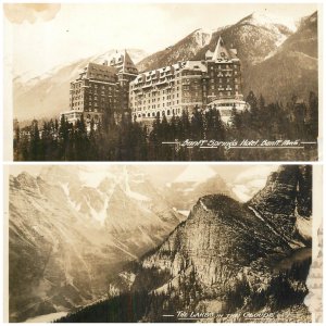 Canada unit of 2 photographic postcards Banff Springs Hotel & Lakes in Clouds