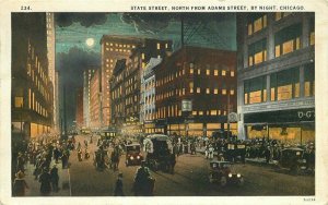 Adams State Street Night Autos Trolleys Chicago Illinois 1927 Postcard 20-13451