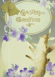 C.1900-10 Easter Embossed Anthropomorphic Rabbits Egg Bells Vintage Postcard F56