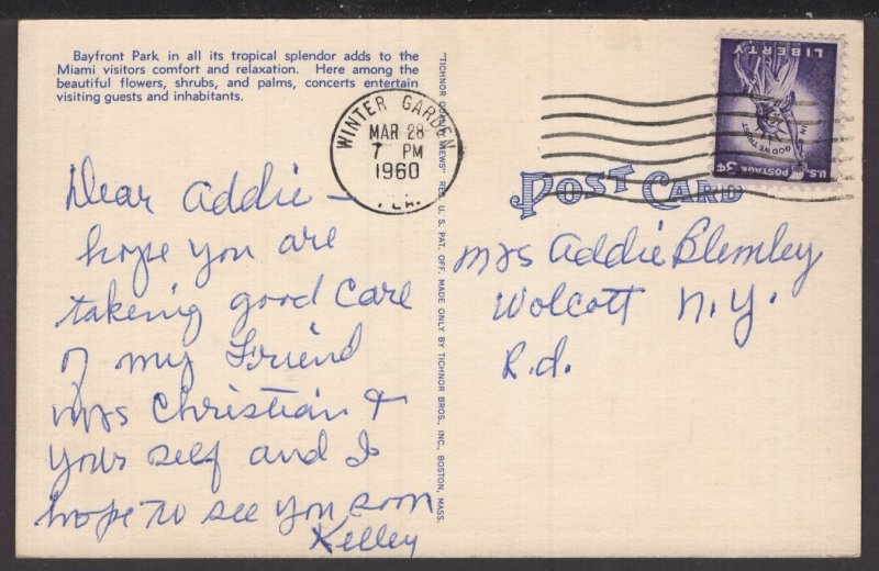 Florida Miami - Bayfront Park a Beautiful Park pm1960 ~ Linen