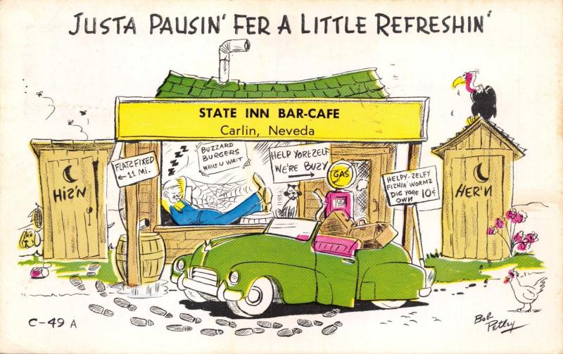 CARLIN NEVADA~STATE INN BAR CAFE-PAUSIN FOR REFRESHIN-COMIC POSTCARD 