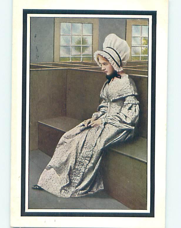 Divided-Back PILGRIM GIRL IN BONNET SITS ON WOODEN BENCH o7292