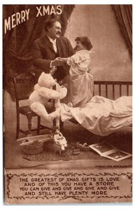 1910s Merry Xmas Little Child with her Daddy and Cute Teddy Bear Postcard