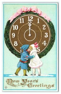 NEW YEARS GREETINGS ~ 2 Cute KIDS KISSING Under a CLOCK 1911 Stecher  Postcard