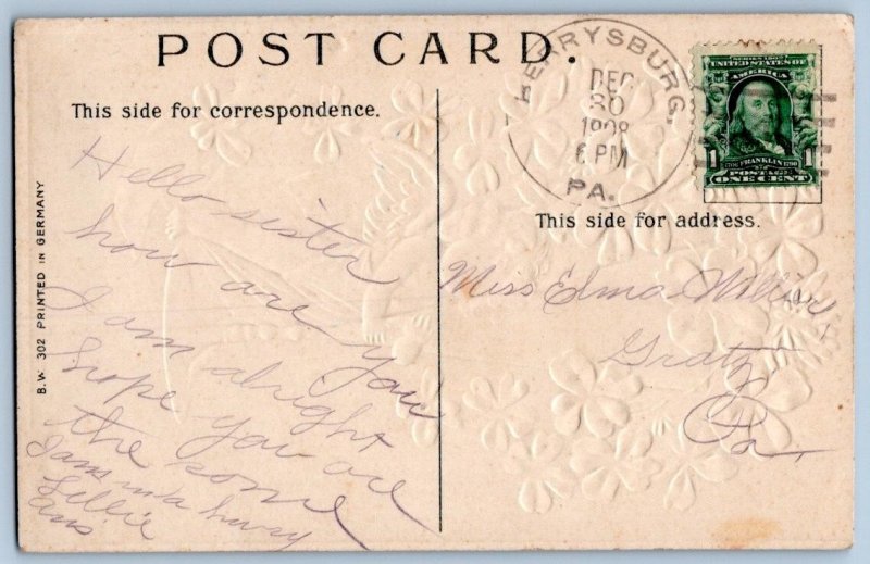 1908 HAPPY NEW YEAR CHERUB CHAMPAGNE FLUTE SHAMROCKS POSTCARD #2