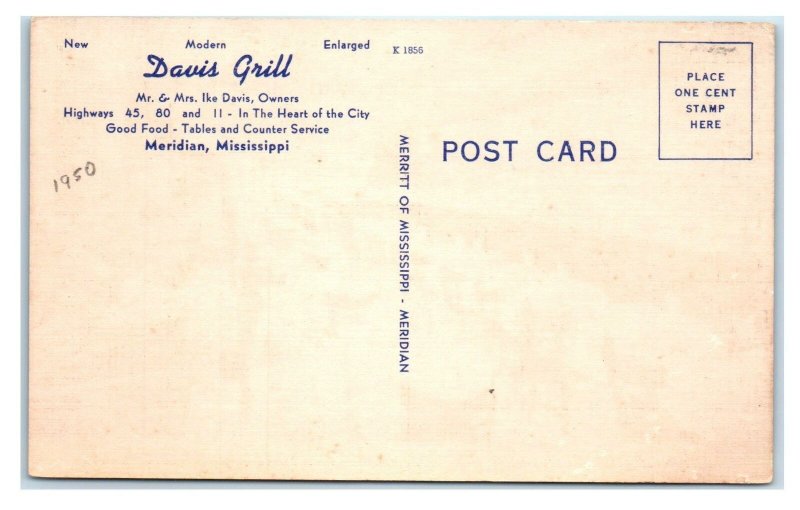 MERIDIAN, MS Mississippi ~ Roadside DAVIS GRILL Restaurant 1950 Linen Postcard