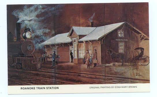 Roanoke Illinois Santa Fe Train Depot Original Painting by Edna Brown, Chrome