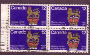 Canada, Block of Four, Used, Massey Vanier 12 Cent, Scott #735