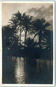 c1900s Odd Tropical Sunset RPPC Palm Trees Real Photo Postcard Spooky Weird A59