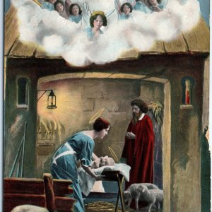 c1910s Christmas Greetings Gel Baby Jesus Manger Postcard Merry Xmas Angels A66