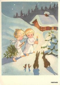 1950's Continental Winter Scene with angels 14236 postcard