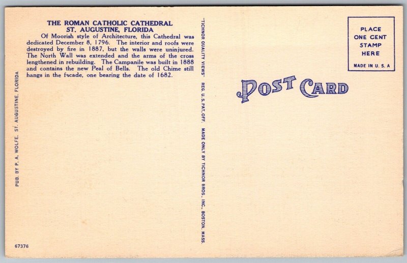 Vtg St Augustine Florida FL Roman Catholic Cathedral & Plaza 1940s View Postcard