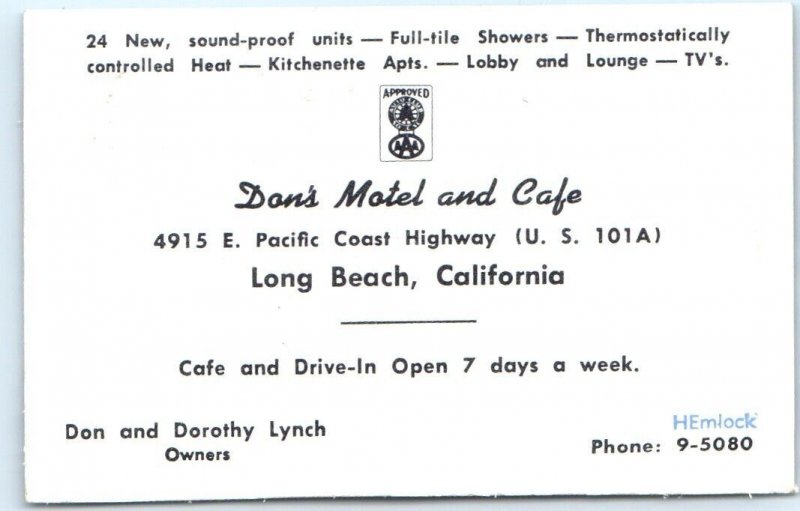 x2 LOT c1950s Long Beach, CA Don's Motel & Cafe Business Card & Postcard A67