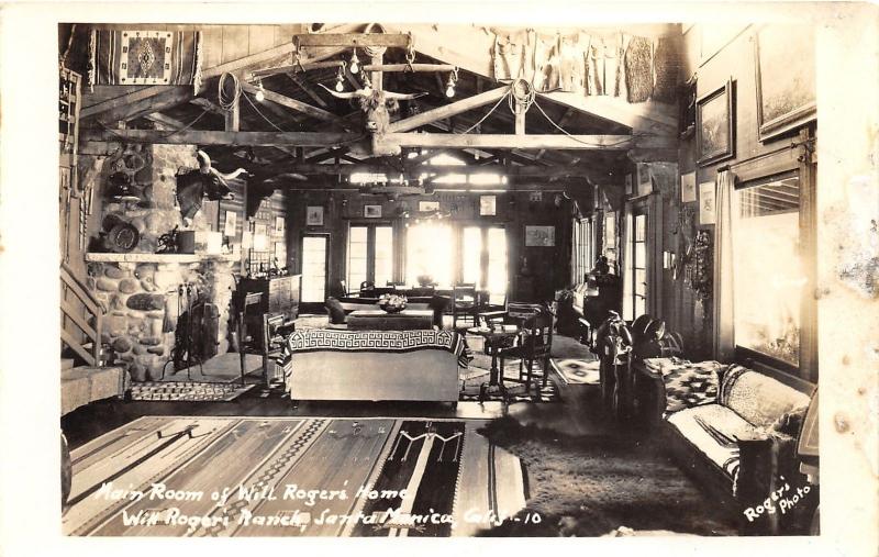 Santa Monica California~Will Roger's Home/Ranch Main Room~Western Deco~'40s RPPC