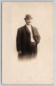 RPPC Dapper Man Derby Bowler Hat Portrait Real Photo Postcard O21