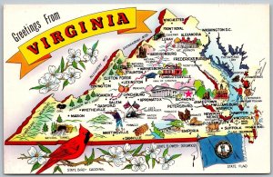 Virginia 1960s MAP Greetings Postcard Cardinal State Flag