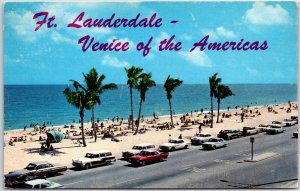 VINTAGE POSTCARD VEHICLE PASSING THE BEACH AT FORT LAUDERDALE FLORIDA 1970